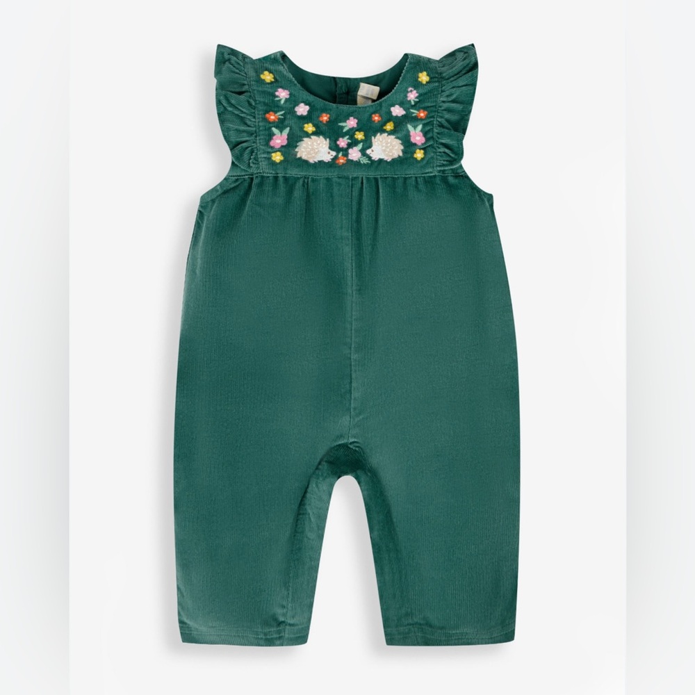 Jojo Maman Green Girls' Hedgehog Embroidered Cord Dungarees/Romper 6-12 Months